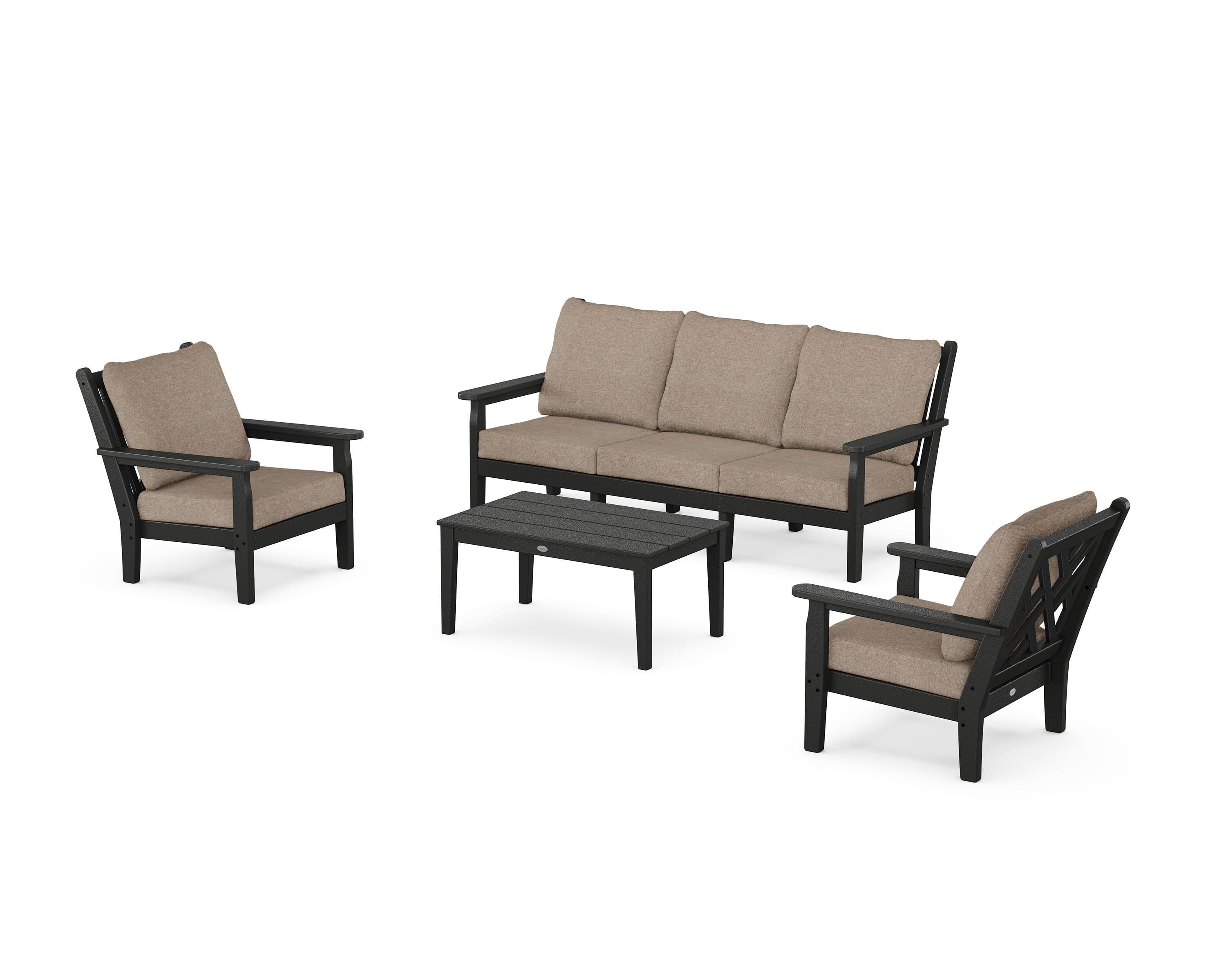 POLYWOOD® Chippendale 4-Piece Deep Seating Set with Sofa in Black / Spiced Burlap