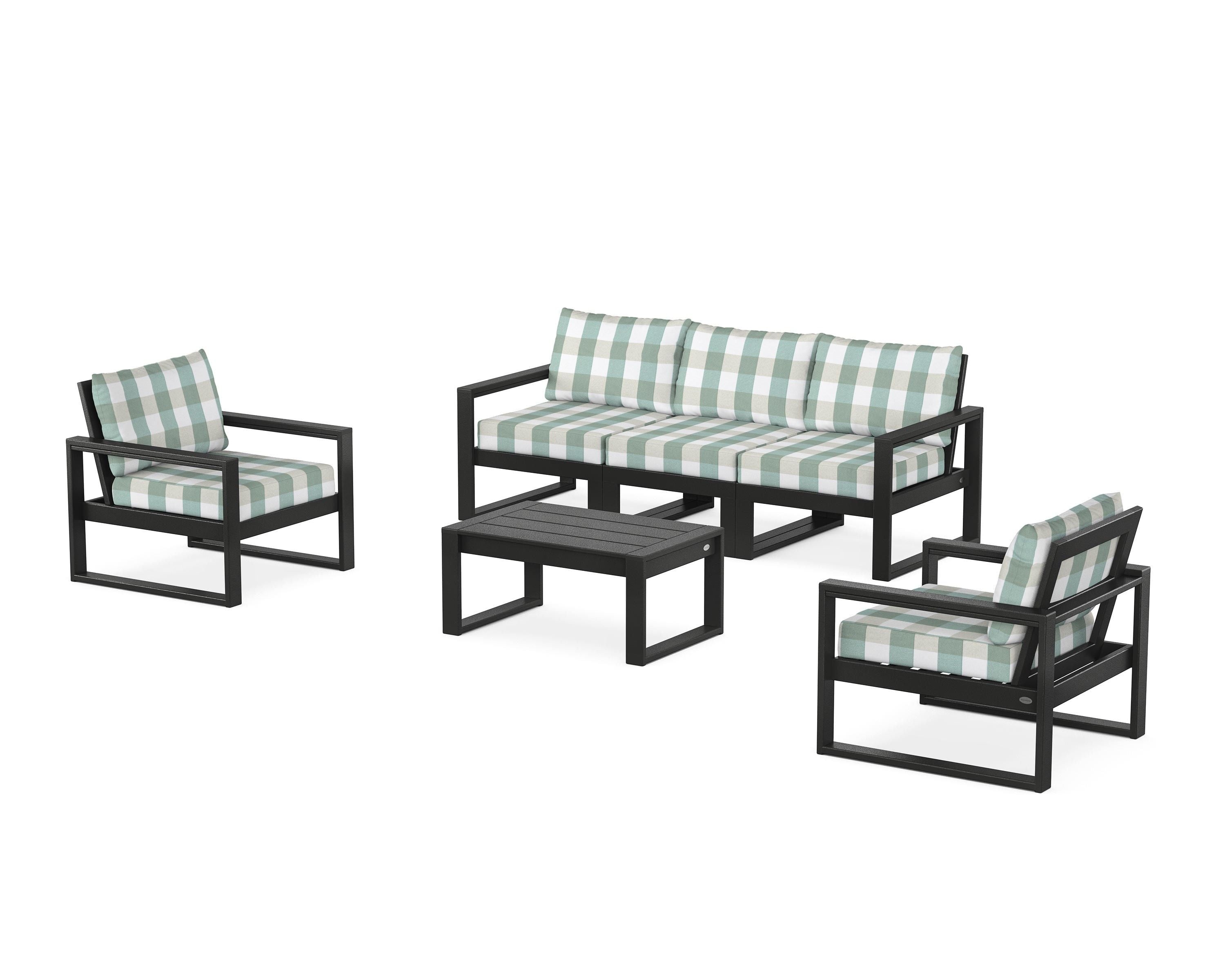 POLYWOOD® EDGE Sectional 4-Piece Deep Seating Set with Sofa in Black / Buffalo Plaid Glacier Spa