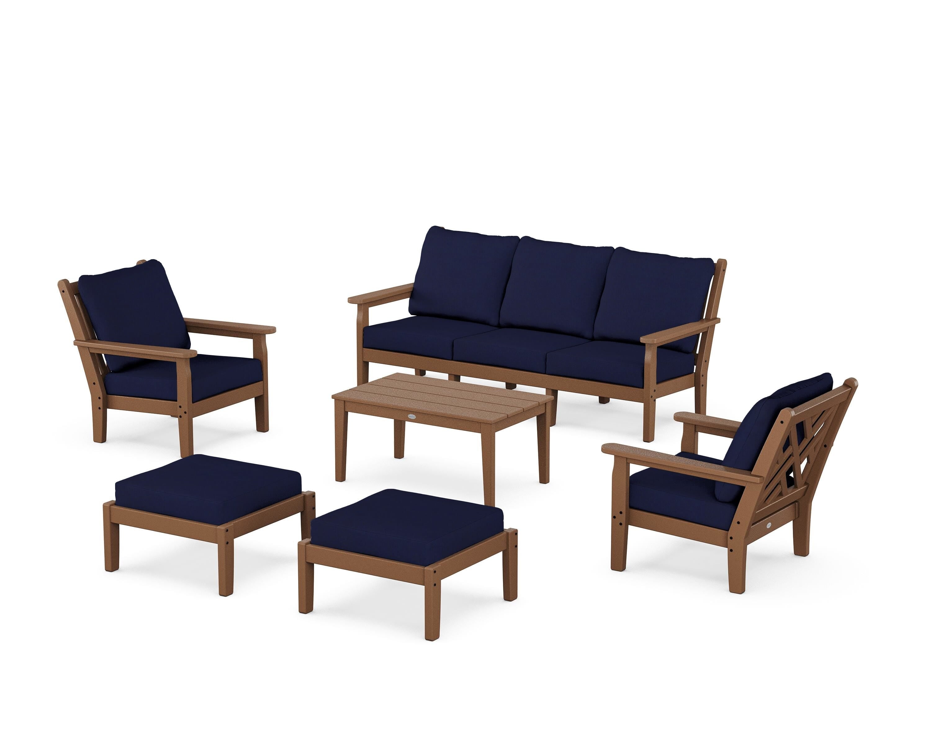 POLYWOOD® Chippendale 6-Piece Lounge Sofa Set in Teak / Navy