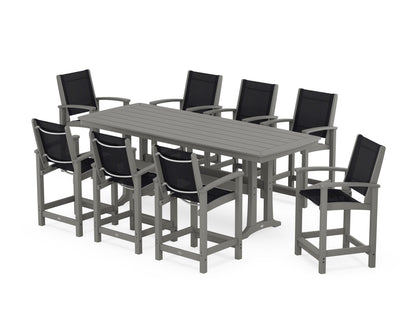 POLYWOOD® Coastal 9-Piece Counter Set with Trestle Legs in Slate Grey / Black Sling