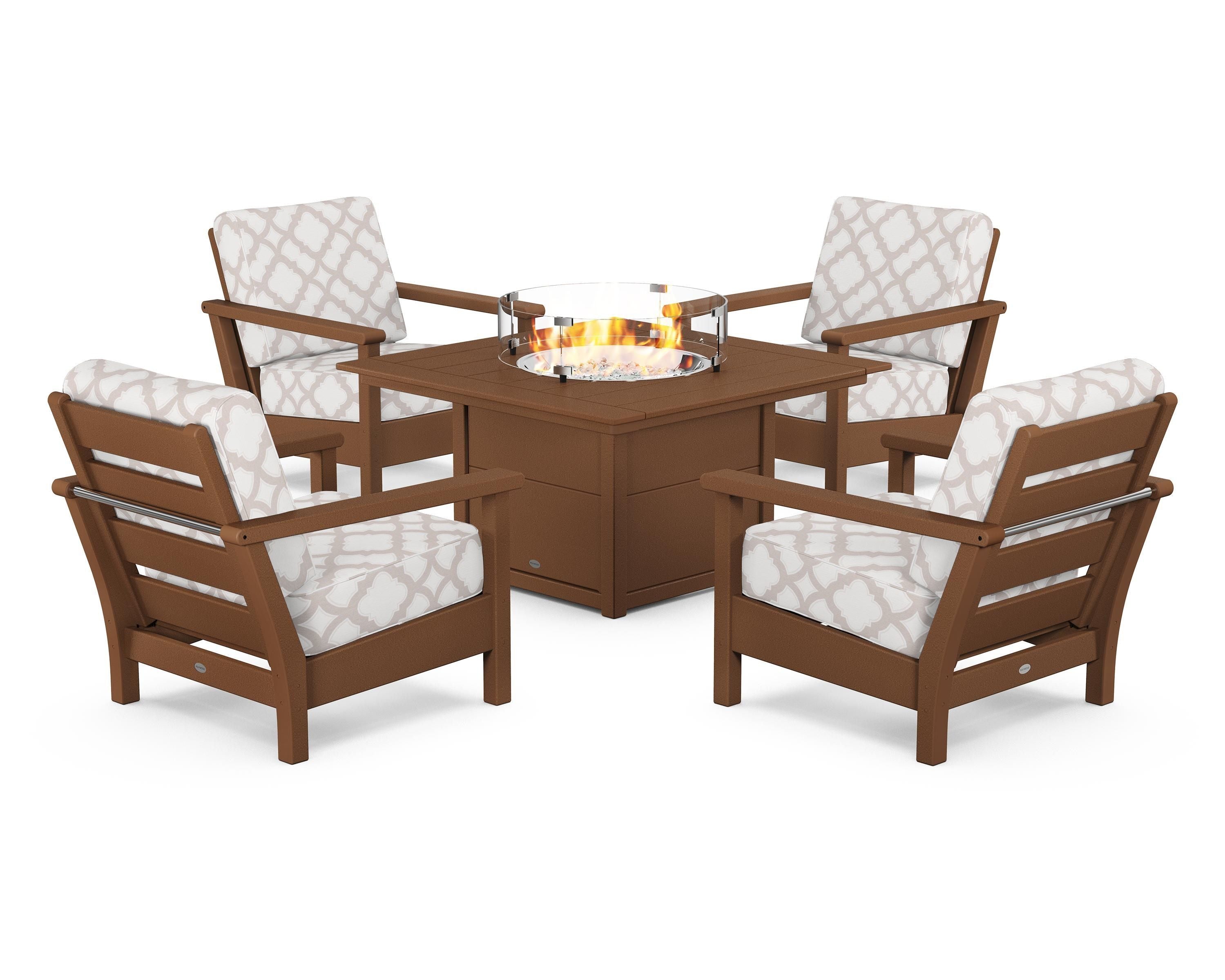 POLYWOOD® Harbour 5-Piece Conversation Set with Fire Pit Table in Teak / Trellis Dune Burlap