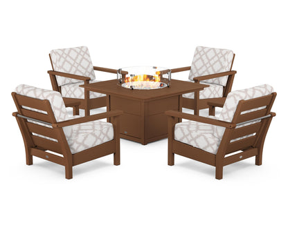 POLYWOOD® Harbour 5-Piece Conversation Set with Fire Pit Table in Teak / Trellis Dune Burlap