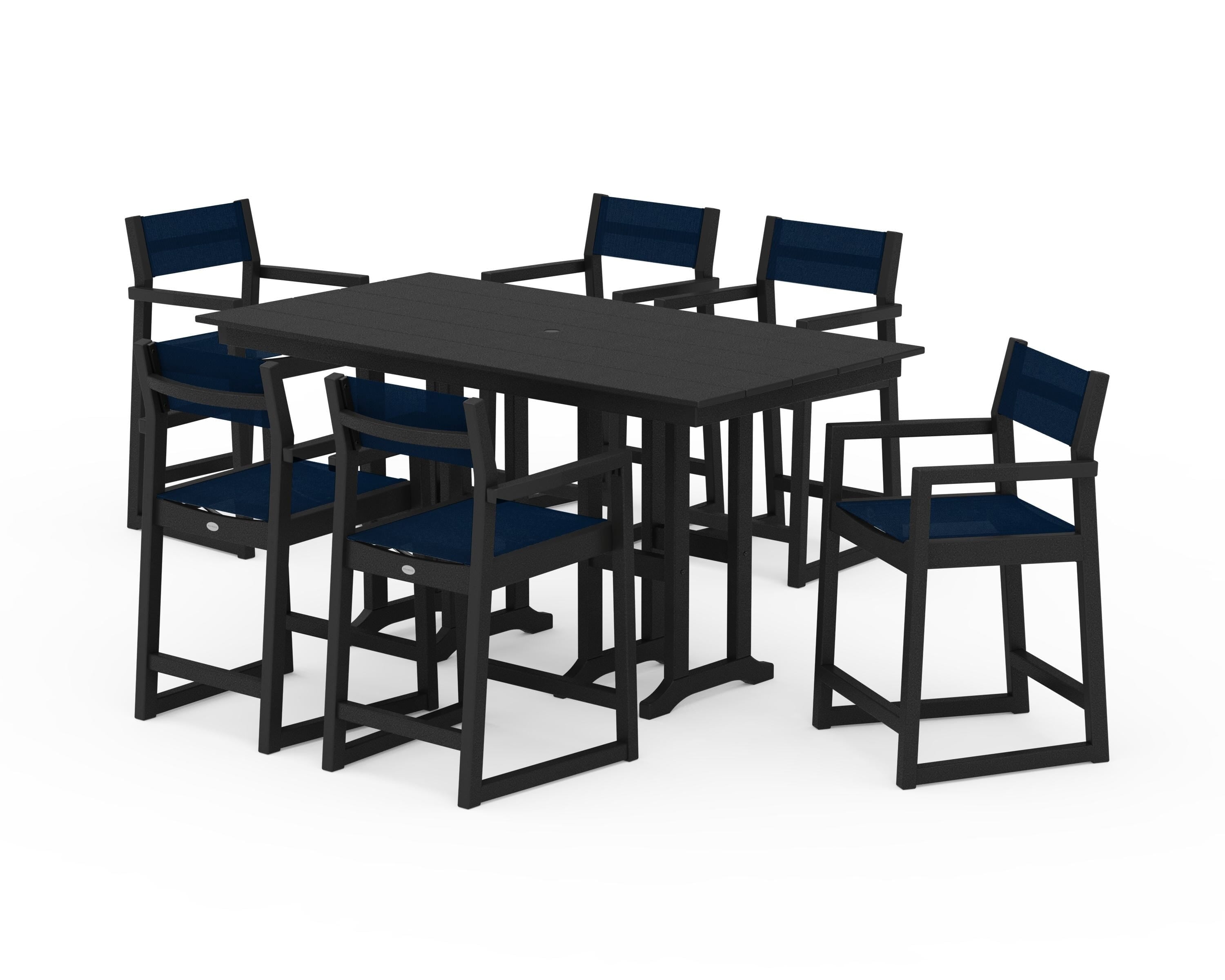 POLYWOOD® EDGE Sling Arm Chair 7-Piece Farmhouse Counter Set in Black / Navy Blue Sling