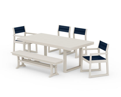 POLYWOOD® EDGE Sling 6-Piece Dining Set with Bench in Sand / Navy Blue Sling