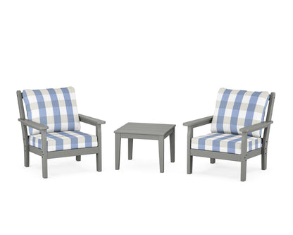 POLYWOOD® Chippendale 3-Piece Deep Seating Set in Slate Grey / Buffalo Plaid Sky Blue