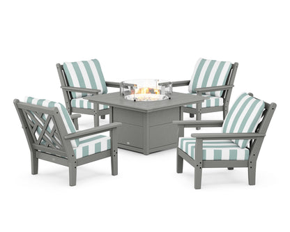POLYWOOD® Chippendale 5-Piece Deep Seating Set with Fire Pit Table in Slate Grey / Cabana Stripe Glacier Spa