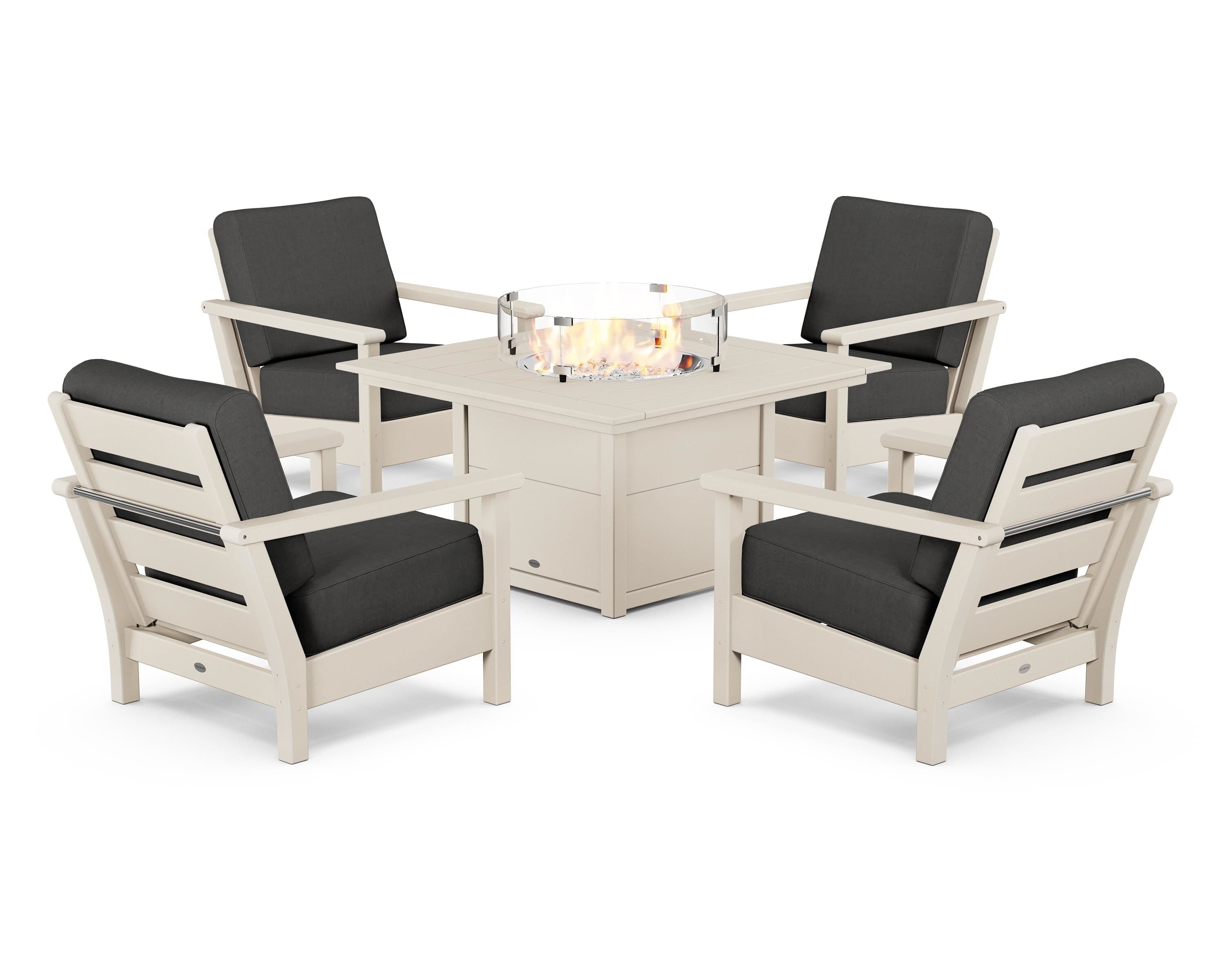 POLYWOOD® Harbour 5-Piece Conversation Set with Fire Pit Table in Sand / Spectrum Carbon