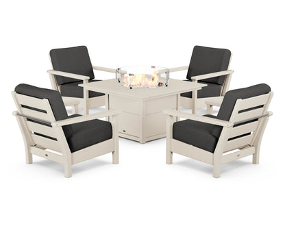 POLYWOOD® Harbour 5-Piece Conversation Set with Fire Pit Table in Sand / Spectrum Carbon