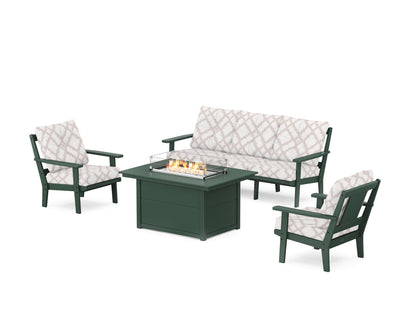 POLYWOOD® Prairie Deep Seating Fire Pit Table Set in Green / Trellis Dune Burlap