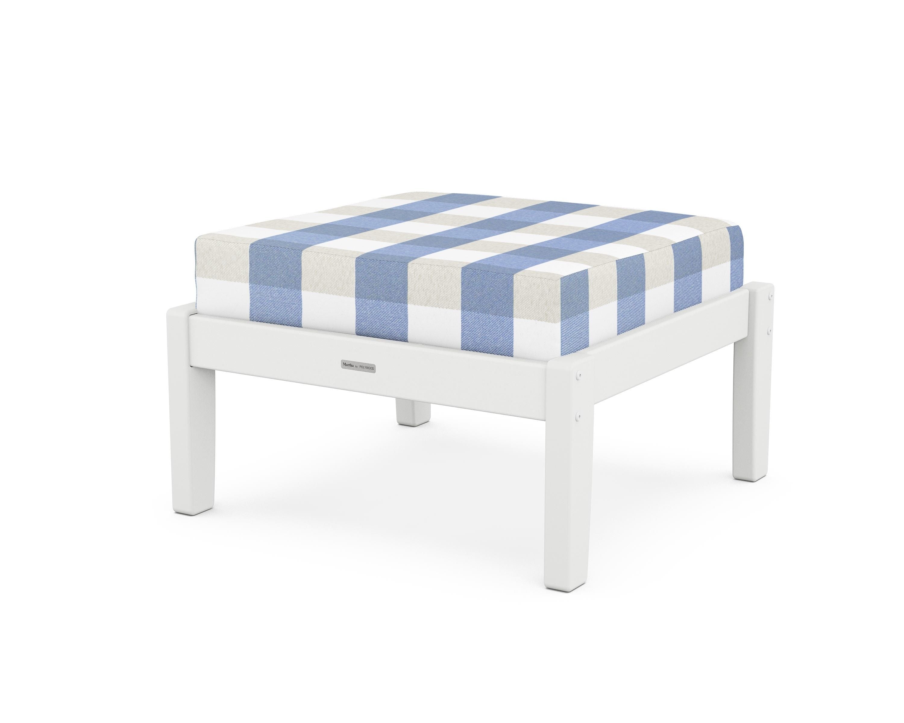 Martha Stewart by POLYWOOD® Chinoiserie Deep Seating Ottoman in White / Buffalo Plaid Sky Blue