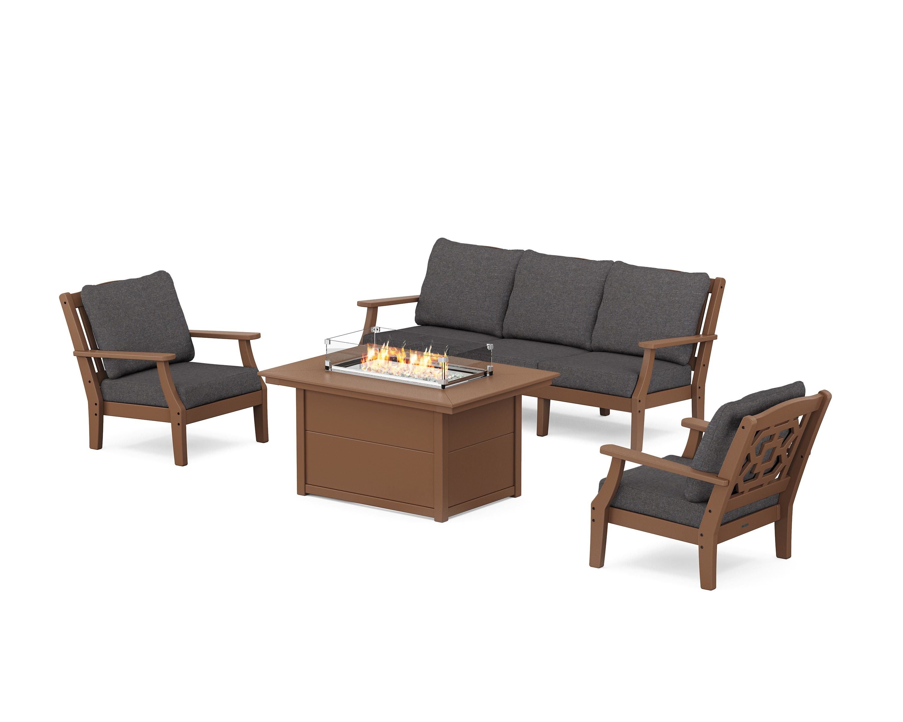 Martha Stewart by POLYWOOD® Chinoiserie Deep Seating Fire Pit Table Set in Teak / Ash Charcoal