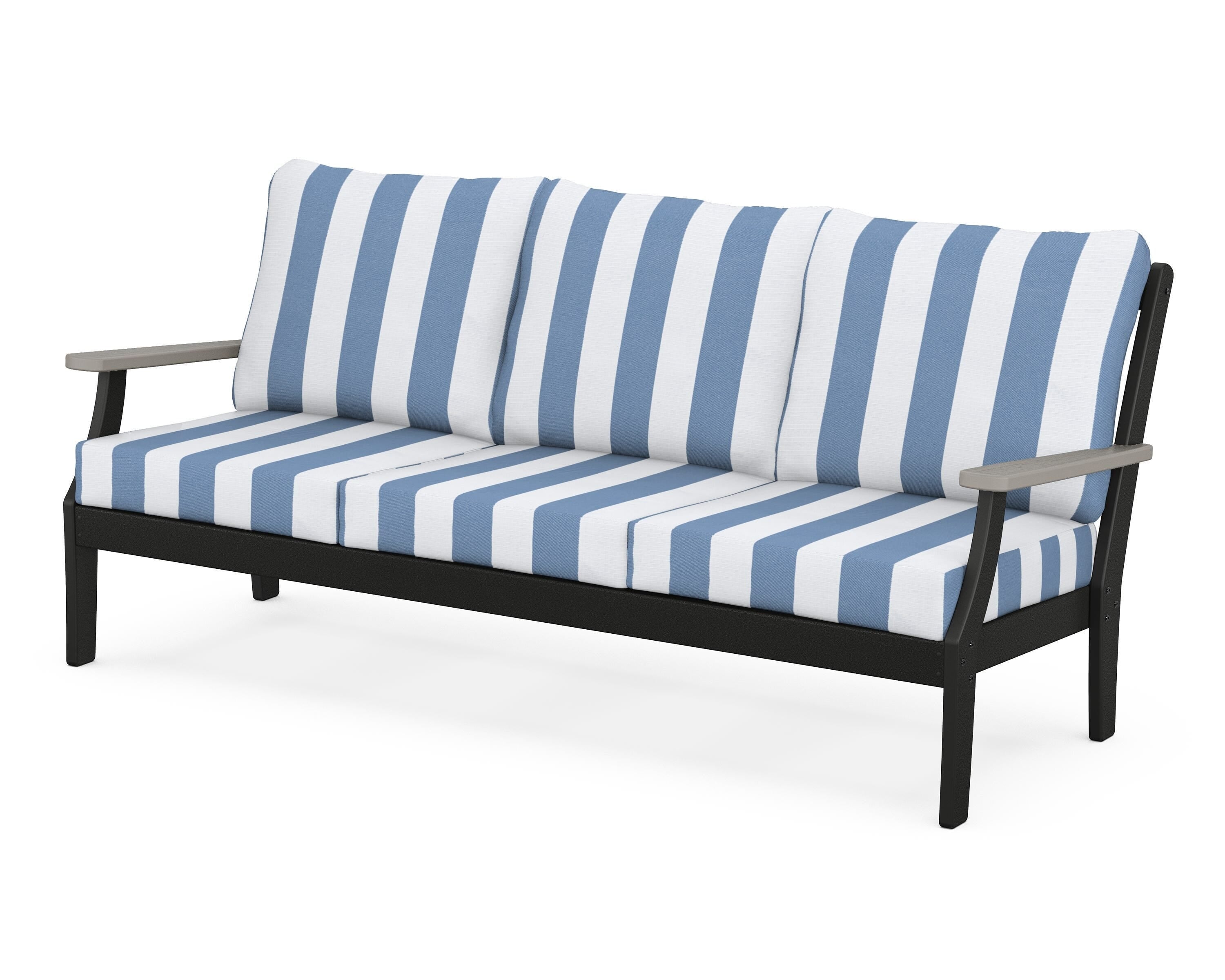 POLYWOOD® Braxton Deep Seating Sofa in Black / Driftwood / Cabana Stripe Sky Blue