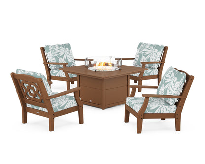 Martha Stewart by POLYWOOD® Chinoiserie 5-Piece Deep Seating Set with Fire Pit Table in Teak / Leaf Glacier Spa