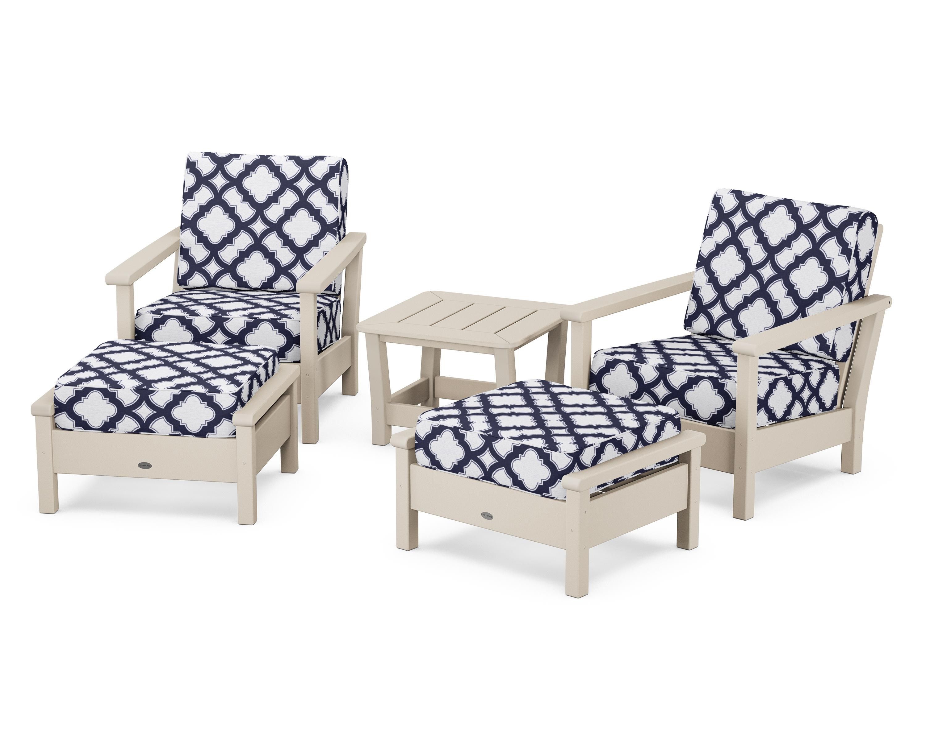 POLYWOOD® Harbour 5-Piece Deep Seating Chair Set in Sand / Trellis Navy