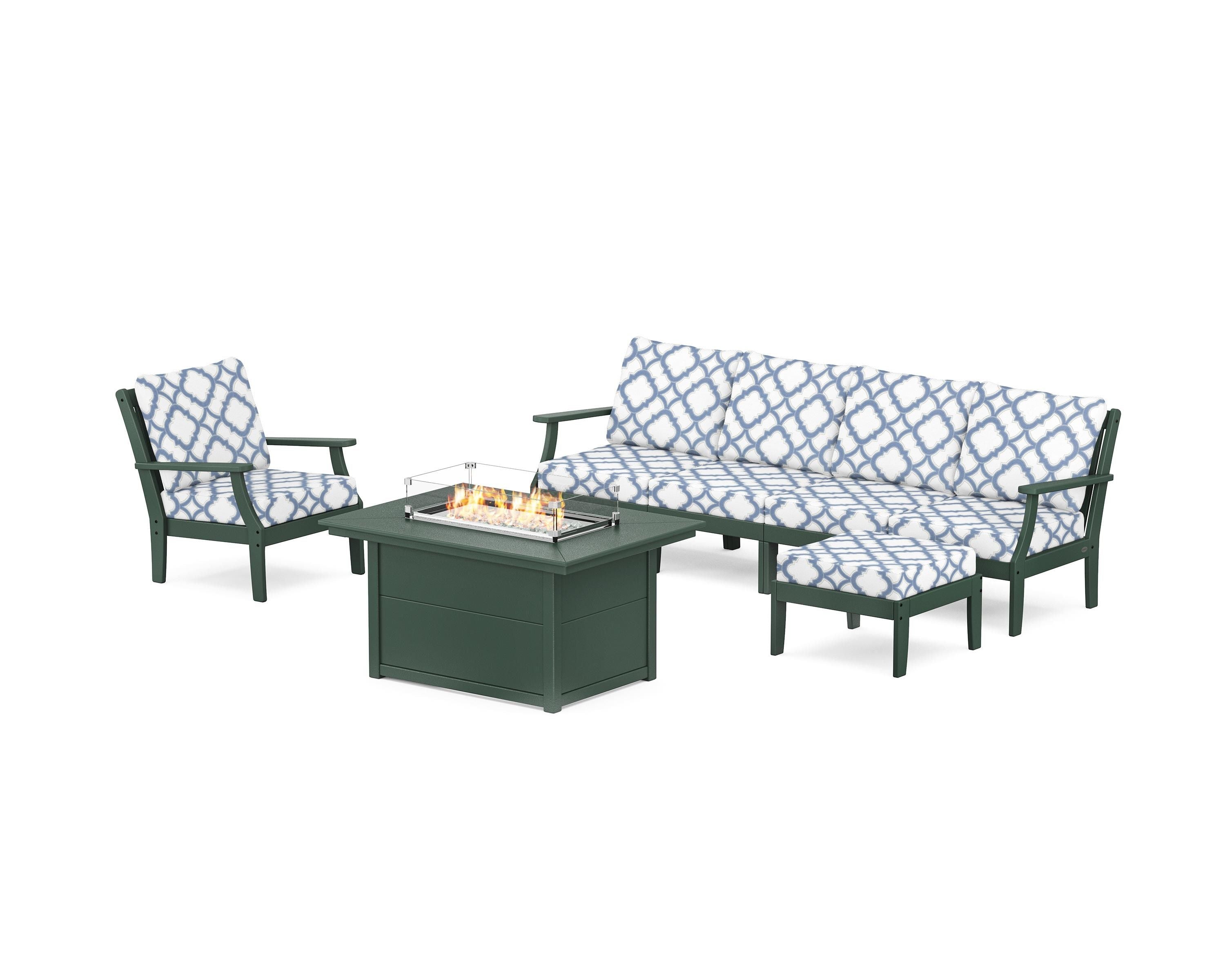 POLYWOOD® Braxton Sectional Lounge and Fire Pit Set in Green / Trellis Sky Blue