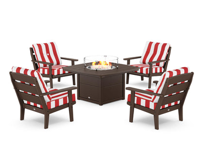 POLYWOOD® Lakeside 5-Piece Deep Seating Set with Nautical Fire Pit Table in Mahogany / Cabana Stripe Crimson
