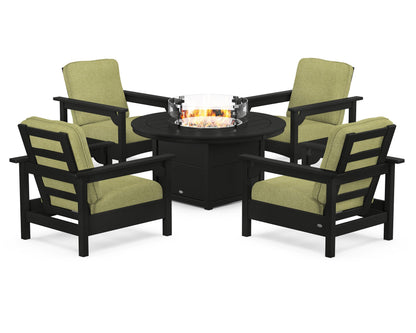 POLYWOOD® Club 5-Piece Conversation Set with Fire Pit Table in Black / Chartreuse Boucle