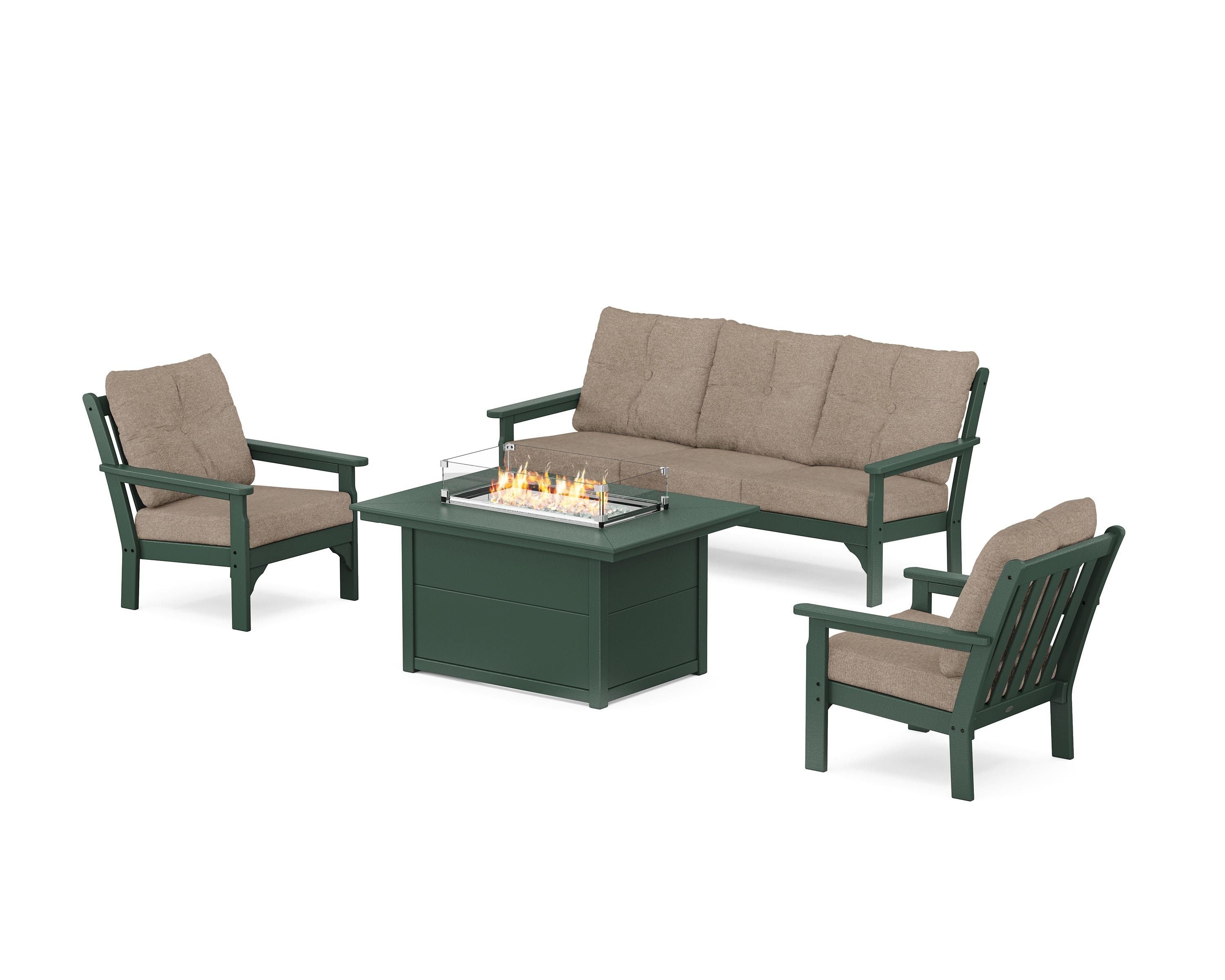 POLYWOOD® Vineyard Deep Seating Fire Pit Table Set in Green / Spiced Burlap