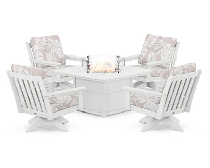 POLYWOOD® Vineyard 5-Piece Deep Seating Swivel Conversation Set with Fire Pit Table in White / Leaf Dune Burlap