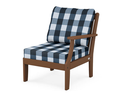 POLYWOOD® Braxton Modular Right Arm Chair in Teak / Buffalo Plaid Marine Indigo