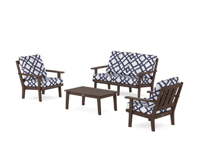 POLYWOOD® Oxford 4-Piece Deep Seating Set with Loveseat in Mahogany / Trellis Navy