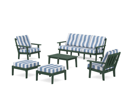 POLYWOOD® Oxford 6-Piece Lounge Sofa Set in Green / Cabana Stripe Sky Blue