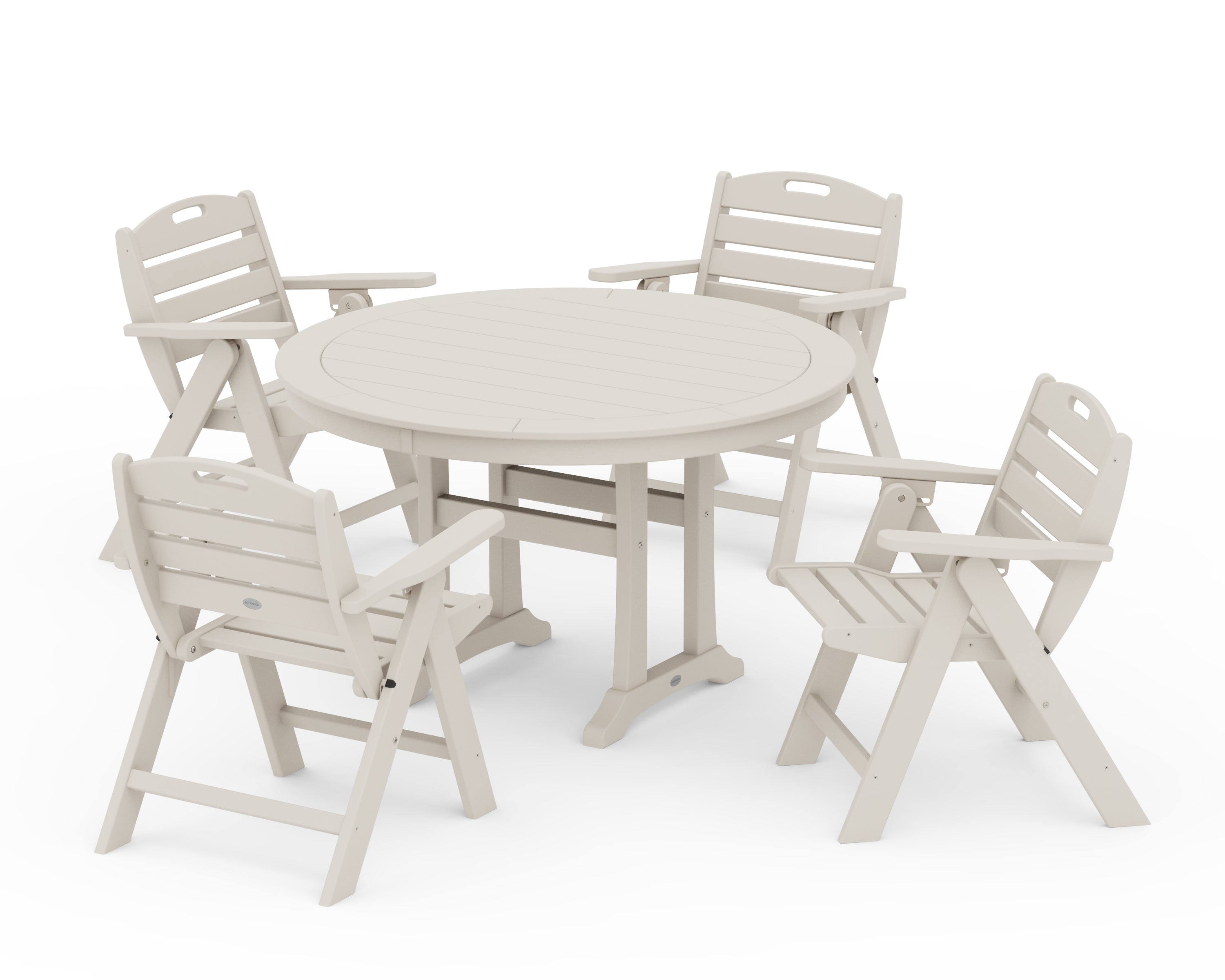 POLYWOOD® Nautical Folding Lowback Chair 5-Piece Round Dining Set With Trestle Legs in Sand