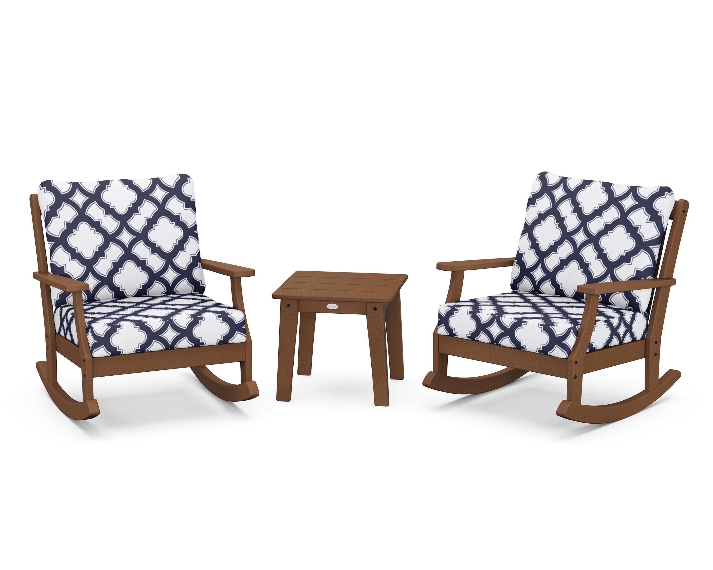 POLYWOOD® Braxton 3-Piece Deep Seating Rocker Set in Teak / Trellis Navy