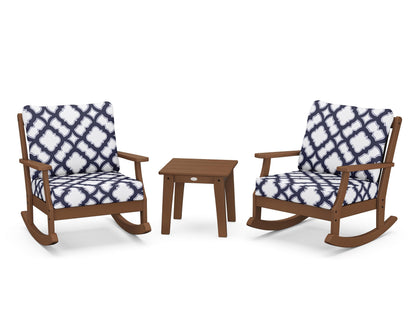 POLYWOOD® Braxton 3-Piece Deep Seating Rocker Set in Teak / Trellis Navy