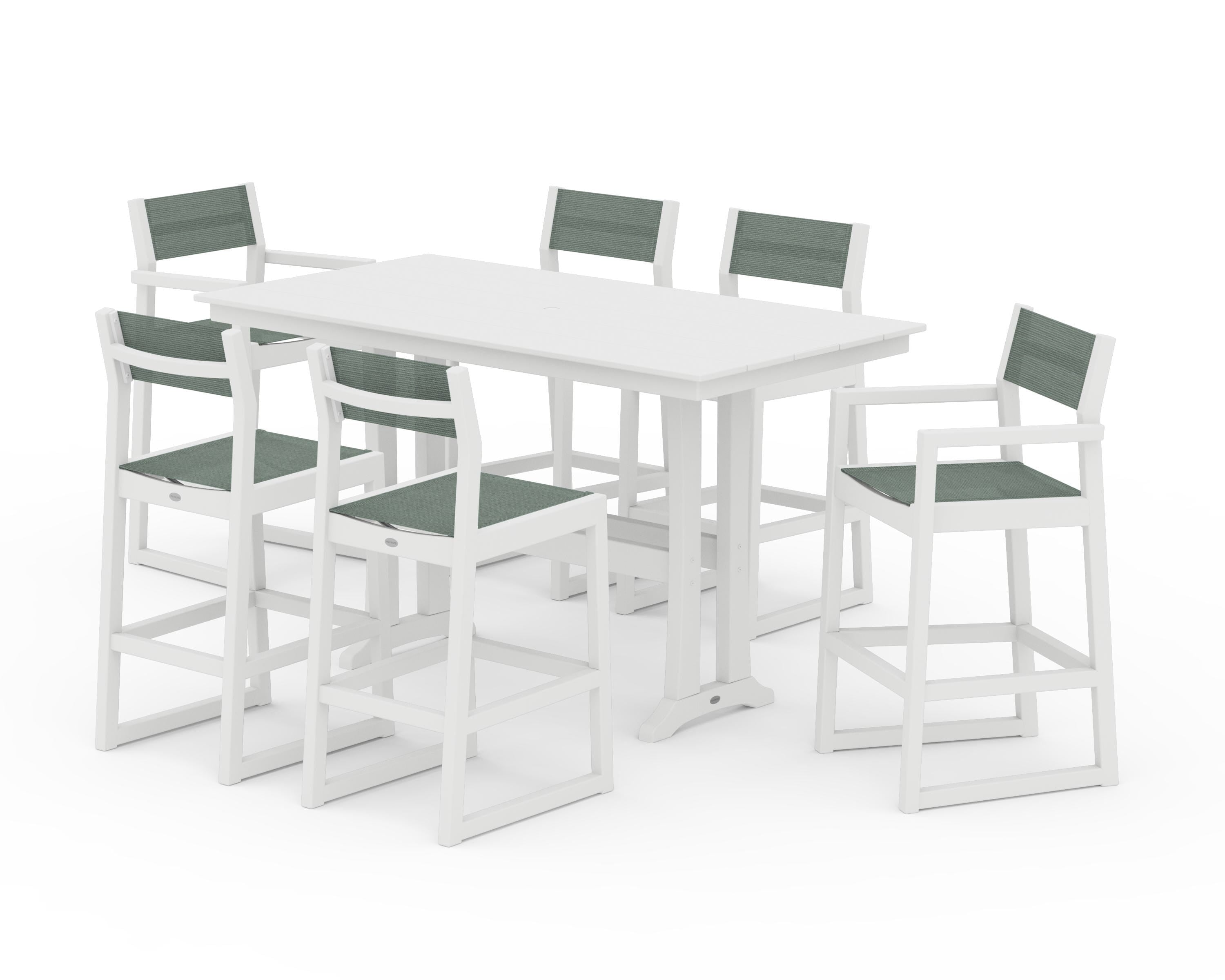 POLYWOOD® EDGE Sling 7-Piece Farmhouse Bar Set with Trestle Legs in White / Dupioni Sea Mist Sling