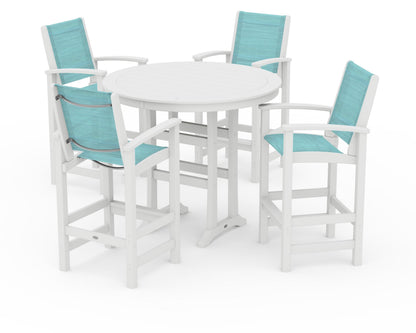 POLYWOOD® Coastal 5-Piece Nautical Trestle Bar Set in White / Dupioni Aquamarine Sling