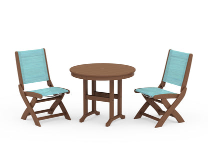 POLYWOOD® Coastal Folding Side Chair 3-Piece Round Dining Set in Teak / Dupioni Aquamarine Sling