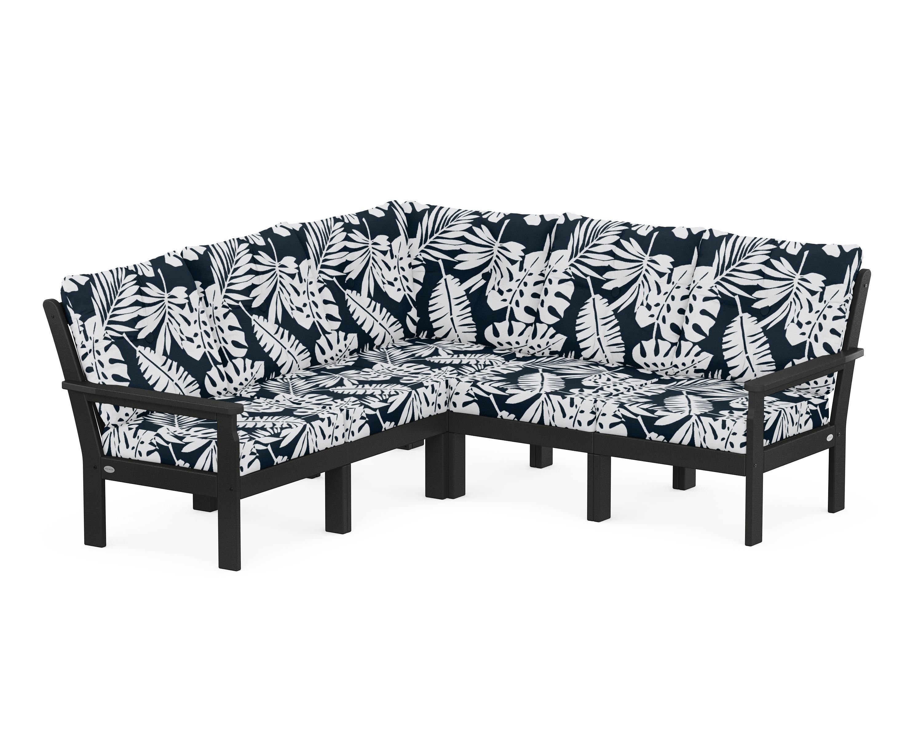POLYWOOD® Vineyard 5-Piece Sectional in Black / Leaf Marine Indigo