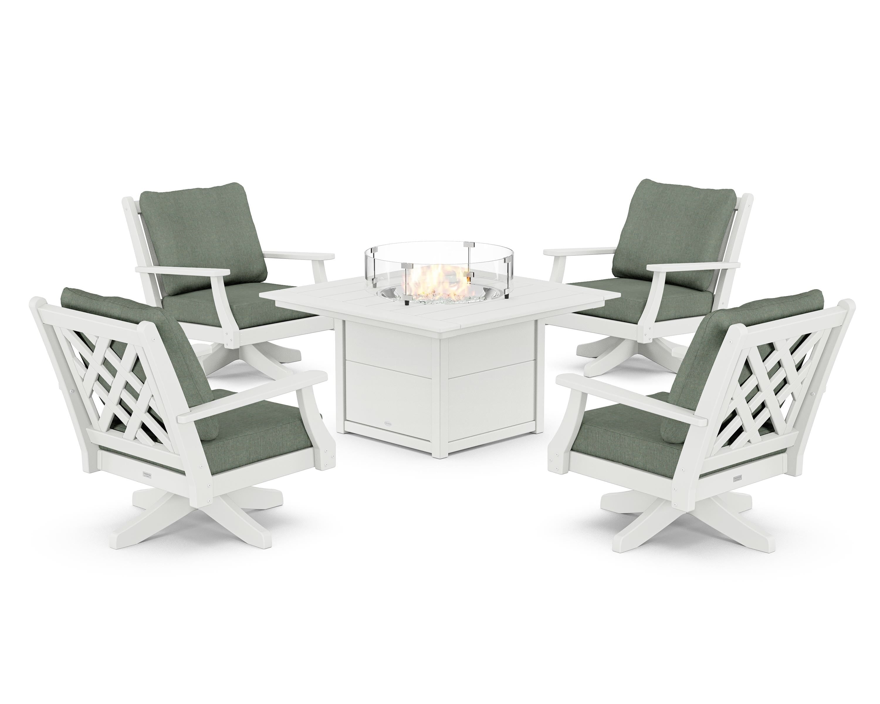 Country Living Wovendale 5-Piece Deep Seating Swivel Conversation Set with Fire Pit Table in White / Cast Sage