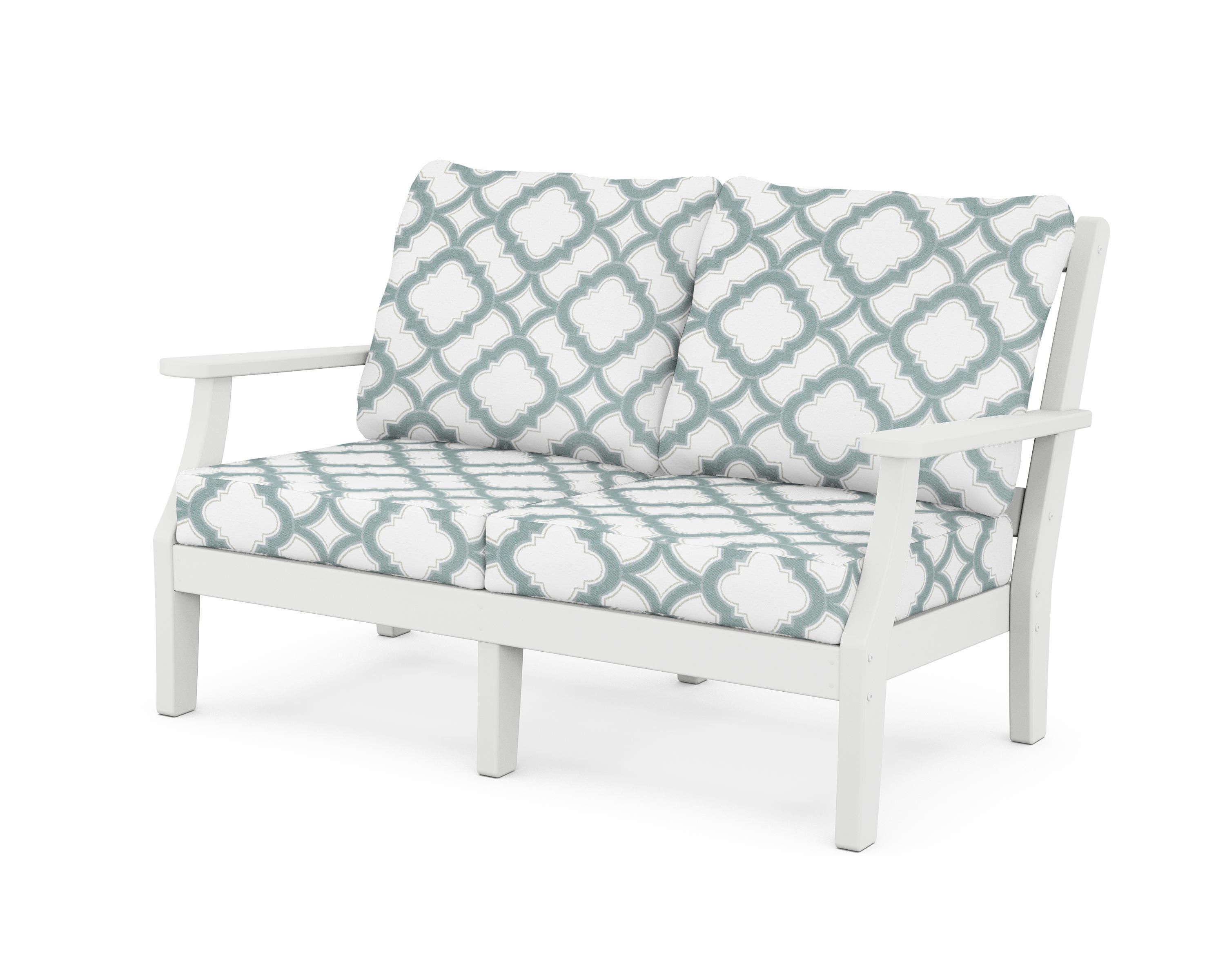 Martha Stewart by POLYWOOD® Chinoiserie Deep Seating Loveseat in White / Trellis Glacier Spa