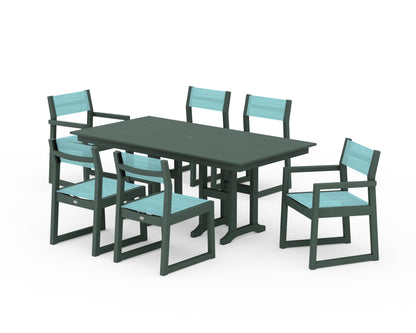 POLYWOOD® EDGE Sling 7-Piece Farmhouse Dining Set in Green / Dupioni Aquamarine Sling