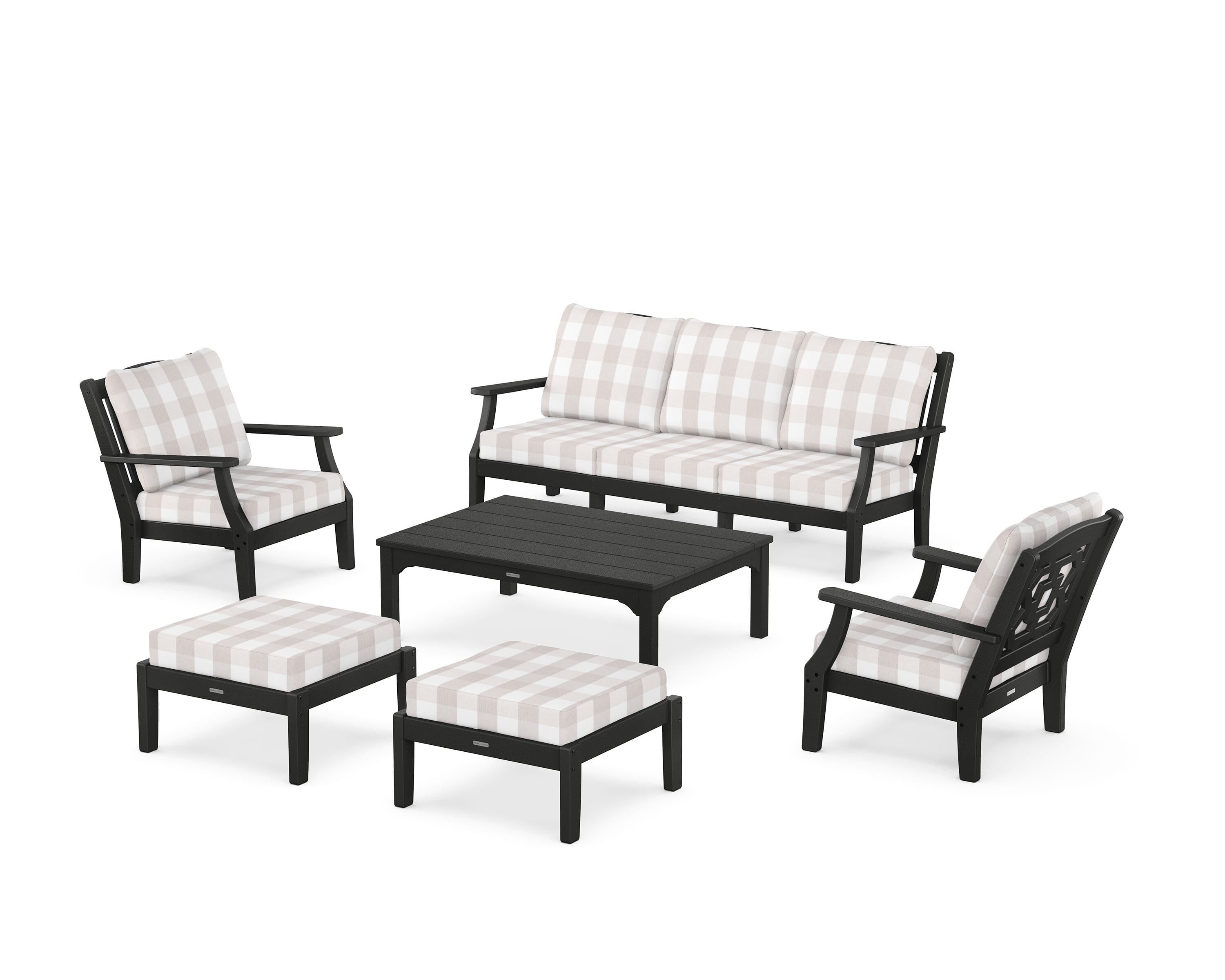Martha Stewart by POLYWOOD® Chinoiserie 6-Piece Lounge Sofa Set in Black / Buffalo Plaid Dune Burlap