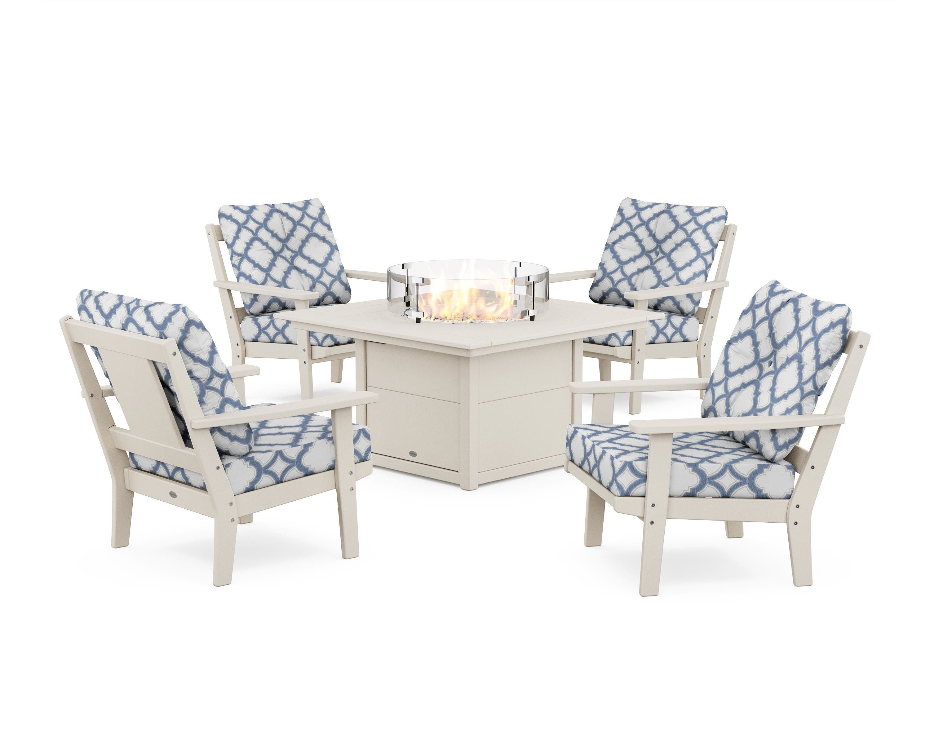 POLYWOOD® Prairie 5-Piece Deep Seating Set with Fire Pit Table in Sand / Trellis Sky Blue