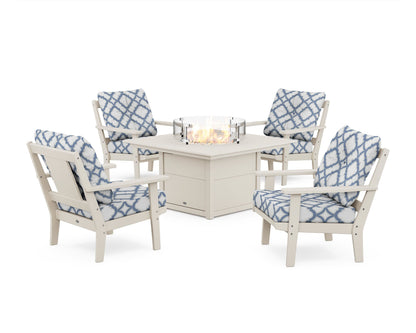 POLYWOOD® Prairie 5-Piece Deep Seating Set with Fire Pit Table in Sand / Trellis Sky Blue