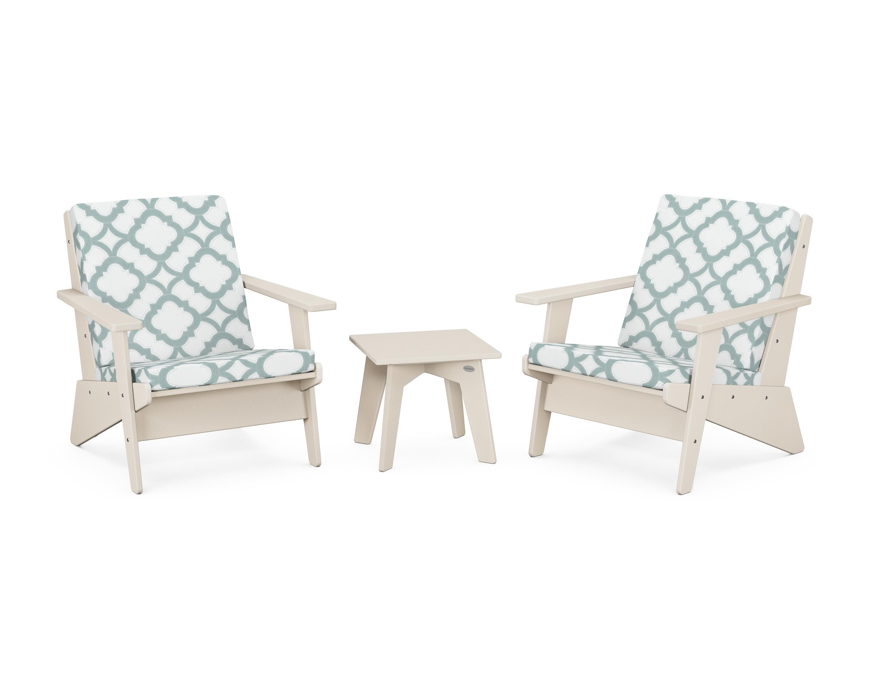 POLYWOOD® Riviera Modern Lounge 3-Piece Set in Sand / Trellis Glacier Spa