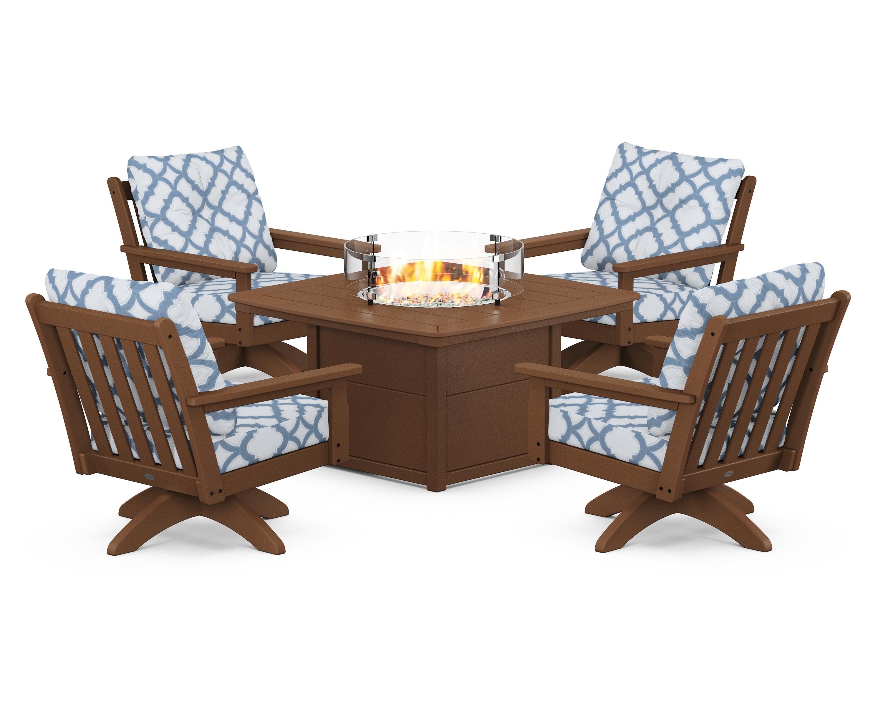 POLYWOOD® Vineyard 5-Piece Deep Seating Swivel Conversation Set with Fire Pit Table in Teak / Trellis Sky Blue