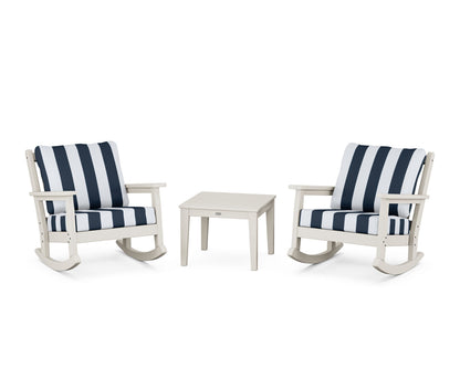POLYWOOD® Chippendale 3-Piece Deep Seating Rocker Set in Sand / Cabana Stripe Marine Indigo
