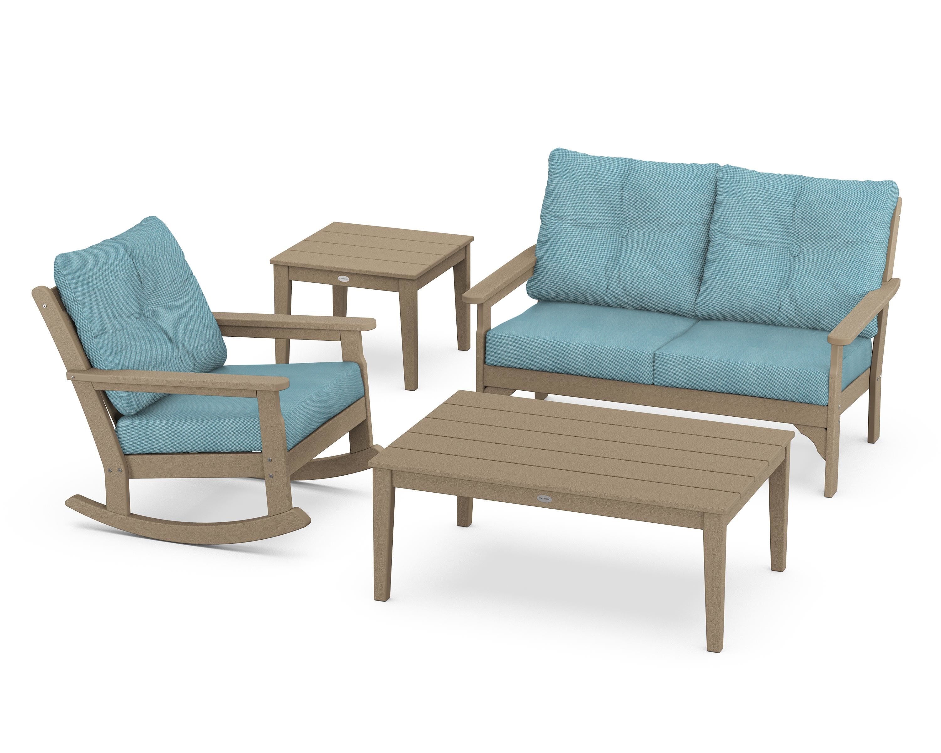 POLYWOOD® Vineyard 4-Piece Deep Seating Rocker Set in Vintage Sahara / Lattice Sky Blue