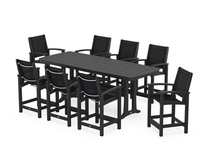 POLYWOOD® Coastal 9-Piece Counter Set with Trestle Legs in Black / Black Sling