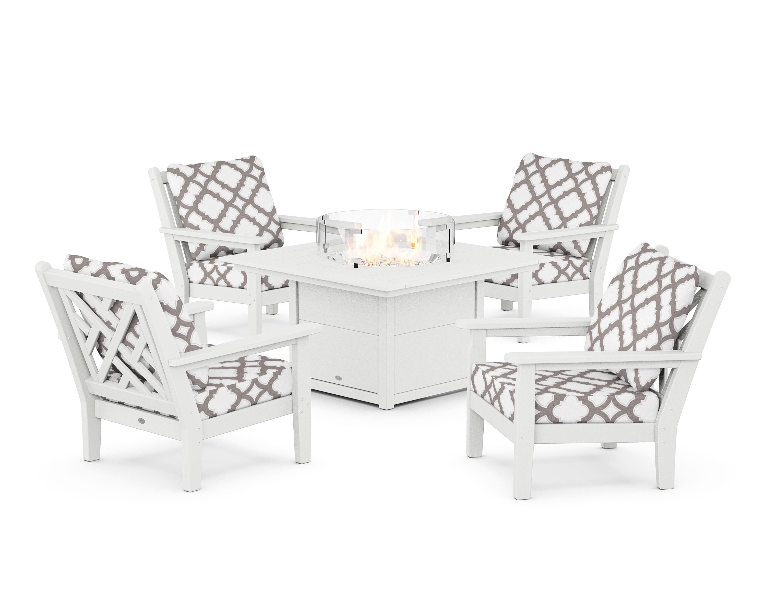 POLYWOOD® Chippendale 5-Piece Deep Seating Set with Fire Pit Table in White / Trellis Grey Mist