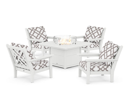 POLYWOOD® Chippendale 5-Piece Deep Seating Set with Fire Pit Table in White / Trellis Grey Mist