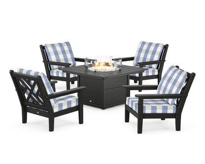 POLYWOOD® Chippendale 5-Piece Deep Seating Set with Fire Pit Table in Black / Buffalo Plaid Sky Blue