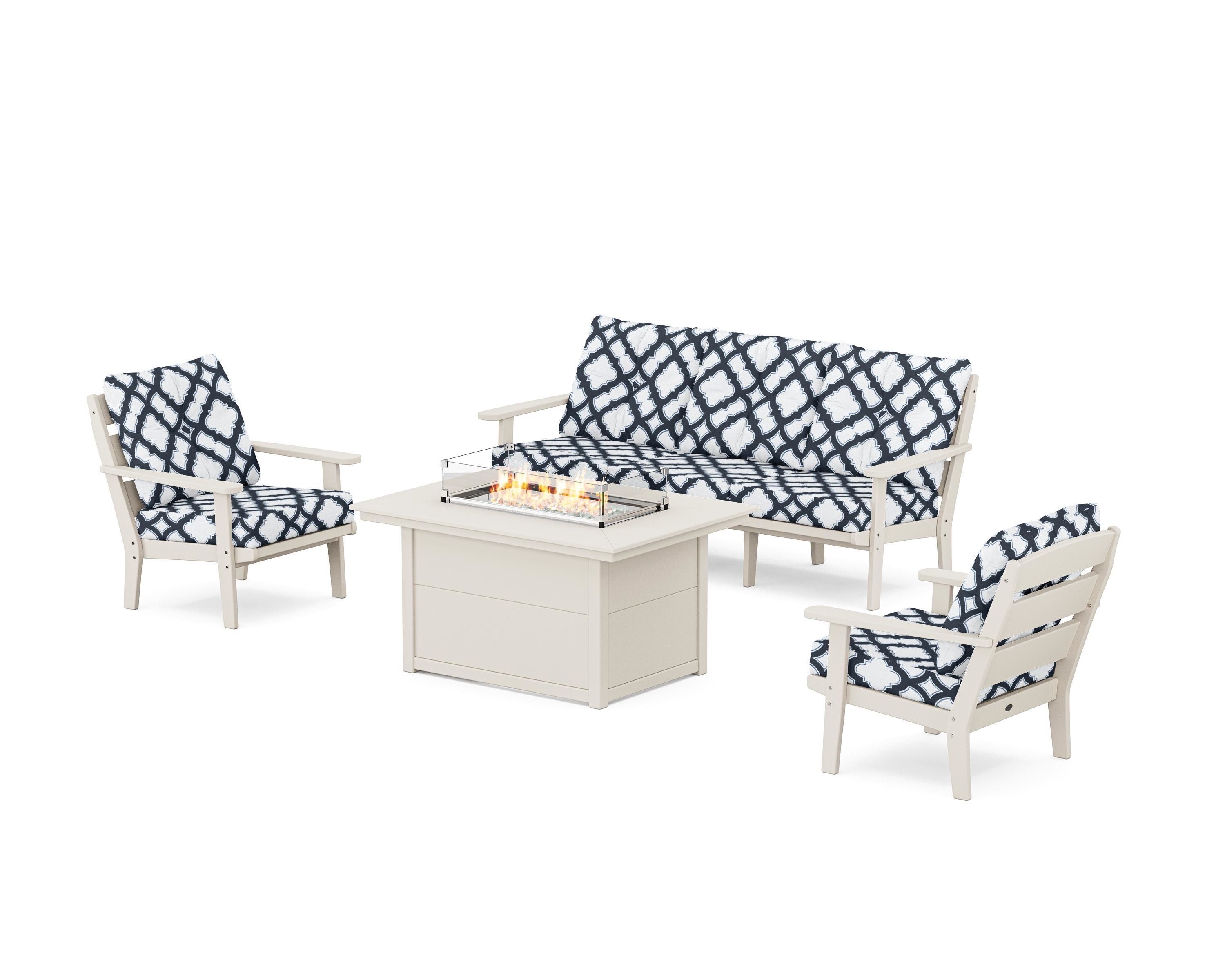 POLYWOOD® Lakeside Deep Seating Fire Pit Table Set in Sand / Trellis Marine Indigo