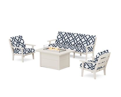 POLYWOOD® Lakeside Deep Seating Fire Pit Table Set in Sand / Trellis Marine Indigo