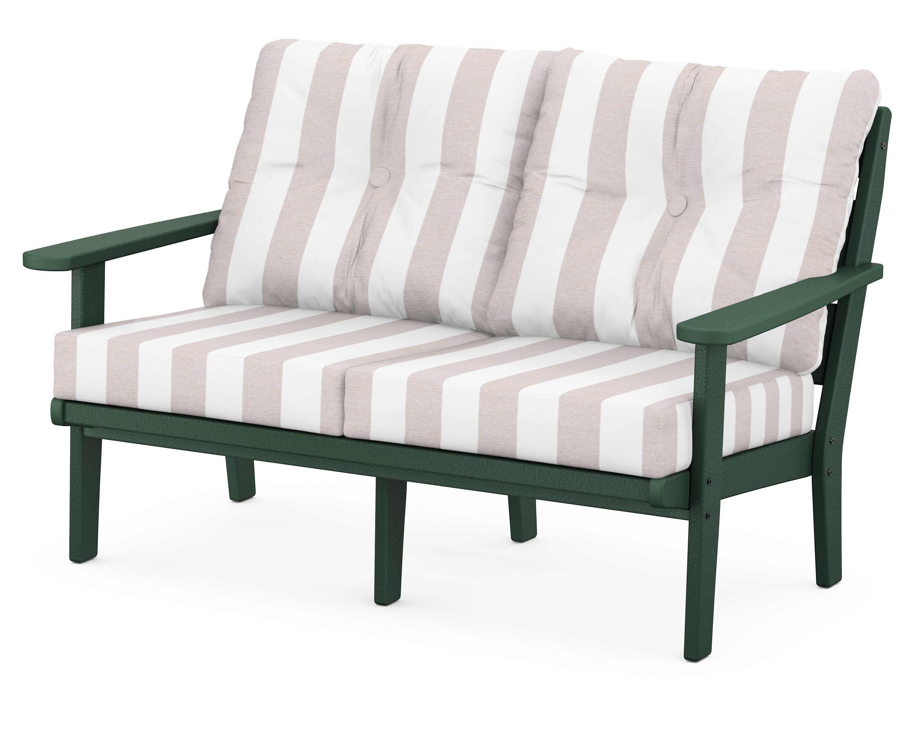 POLYWOOD® Lakeside Deep Seating Loveseat in Green / Cabana Stripe Dune Burlap
